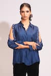 Shop_Shruti S_Blue Silk Hand Embroidery Sequin Collar Stones Shirt _Online_at_Aza_Fashions