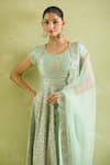 Buy_Suhino_Green Slub Silk Embroidery Mirror Round Neck Bloom Jaal Anarkali Sharara Set _Online_at_Aza_Fashions