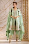 Buy_Suhino_Green Taffeta Silk Embroidery Mirror Leaf Neck Flora Art Short Anarkali Set _at_Aza_Fashions