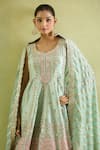 Suhino_Green Taffeta Silk Embroidery Mirror Leaf Neck Flora Art Short Anarkali Set _Online_at_Aza_Fashions