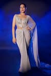 Buy_Vesture_Silver Shimmer Pleated Lycra Embroidery Crystal Pre-draped Saree With Blouse _at_Aza_Fashions