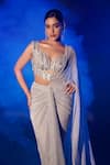 Buy_Vesture_Silver Shimmer Pleated Lycra Embroidery Crystal Pre-draped Saree With Blouse _Online_at_Aza_Fashions