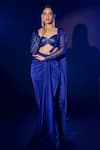 Buy_Vesture_Blue Armani Satin Embroidery Sequin Sweetheart Pre-draped Saree With Blouse _at_Aza_Fashions