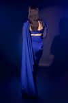 Shop_Vesture_Blue Armani Satin Embroidery Sequin Sweetheart Pre-draped Saree With Blouse _at_Aza_Fashions