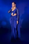 Vesture_Blue Armani Satin Embroidery Sequin Sweetheart Pre-draped Saree With Blouse _Online_at_Aza_Fashions