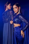 Buy_Vesture_Blue Armani Satin Embroidery Sequin Sweetheart Pre-draped Saree With Blouse _Online_at_Aza_Fashions