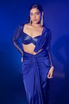 Vesture_Blue Armani Satin Embroidery Sequin Sweetheart Pre-draped Saree With Blouse _at_Aza_Fashions