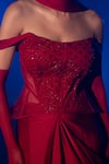 Vesture_Red Armani Satin Embroidery Crystal Structured Corset With Pre-draped Saree _at_Aza_Fashions