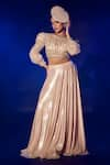 Buy_Vesture_Rose Gold Metallic Lycra Embroidery Swarovski Crystal Round Blouse With Lehenga _at_Aza_Fashions