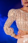 Shop_Vesture_Rose Gold Metallic Lycra Embroidery Swarovski Crystal Round Blouse With Lehenga _Online_at_Aza_Fashions