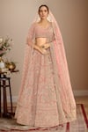 Buy_Kalighata_Pink Velvet Embroidered Cutdana Leaf Ethnic Motif Bridal Lehenga Set _at_Aza_Fashions