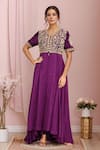 Buy_Kalighata_Purple Silk Habutai Hand Embroidered Nairobi Asymmetric Anarkali With Pant _at_Aza_Fashions