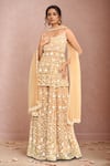 Buy_Kalighata_Gold Organza Hand Embroidered Floral Scoop Daliya Kurta Sharara Set _at_Aza_Fashions