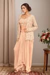 Buy_Kalighata_Peach Tissue Hand Embroidered Cutdana Jessy Queen Jacket With Draped Skirt Set _at_Aza_Fashions