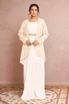 Buy_Kalighata_Pink Silk Habutai Hand Embroidered Moonstone Jacket With Draped Skirt Set _at_Aza_Fashions