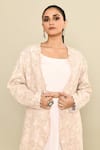 Kalighata_Pink Silk Habutai Hand Embroidered Moonstone Jacket With Draped Skirt Set _Online