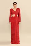 Kalighata_Red Silk Cut Work, Sequins, Embroidery V-neck Pre-draped Saree And Blouse _Online_at_Aza_Fashions