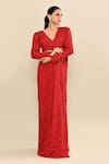 Buy_Kalighata_Red Silk Cut Work, Sequins, Embroidery V-neck Pre-draped Saree And Blouse _Online_at_Aza_Fashions