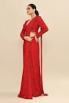 Shop_Kalighata_Red Silk Cut Work, Sequins, Embroidery V-neck Pre-draped Saree And Blouse _Online_at_Aza_Fashions