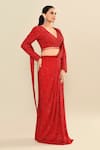 Kalighata_Red Silk Cut Work, Sequins, Embroidery V-neck Pre-draped Saree And Blouse _at_Aza_Fashions