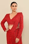 Buy_Kalighata_Red Silk Cut Work, Sequins, Embroidery V-neck Pre-draped Saree And Blouse 