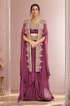 Buy_Kalighata_Purple Silk Habutai Hand Embroidered Montana Waist Draped Skirt Set With Cape _at_Aza_Fashions