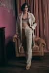 Shop_Sunandini_Gray Tweed Color Block Lapel Collar Apricot Orange Coat And Trouser Set _at_Aza_Fashions