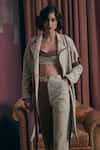 Buy_Sunandini_Gray Tweed Color Block Lapel Collar Apricot Orange Coat And Trouser Set _Online_at_Aza_Fashions