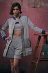 Buy_Sunandini_Blue Tweed Woven Mandarin Collar Zima Jacket _at_Aza_Fashions