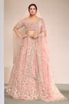 Buy_Kalighata_Pink Velvet Embroidered Cutdana Leaf Floral Motif Bridal Lehenga Set _at_Aza_Fashions