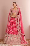 Buy_Kalighata_Pink Raw Silk Embroidery Floral Paan Neck Urvi Hand Bridal Lehenga Set _at_Aza_Fashions