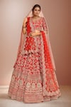 Buy_Kalighata_Red Raw Silk Embroidery Floral Paan Neck Vani Hand Bridal Lehenga Set _at_Aza_Fashions