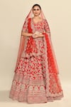 Kalighata_Red Raw Silk Embroidery Floral Paan Neck Vani Hand Bridal Lehenga Set _Online