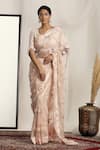 Buy_HOUSE OF SUPRIYA_Pink Shimmer Net Embroidered Pearl V Neck Scallop Hem Saree With Blouse _at_Aza_Fashions