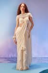 Buy_Zamoraa The Label_Ivory Georgette Hand Embroidered Pearl Blouse Pre-draped Saree Set With Bib _at_Aza_Fashions