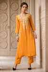 Buy_Samyukta Singhania_Yellow Cotton Rayon Embroidery Floral V-neck Thread Pleat Kurta With Pant _at_Aza_Fashions