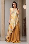 Samyukta Singhania_Yellow Natural Crepe Print Floral Asymmetric Neck Tunic With Sharara _at_Aza_Fashions