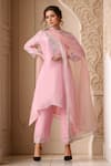 Buy_Samyukta Singhania_Pink Organza, Silk Embroidery Split V-neck Yoke Asymmetric Kurta Pant Set _at_Aza_Fashions