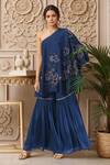 Buy_Samyukta Singhania_Blue Opada Silk Embroidery Flower Vine One Shoulder Tunic With Sharara _at_Aza_Fashions