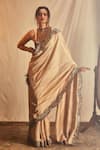 Buy_House of Three_Beige Net Embroidered Sequin Sweetheart Saanjha Border Saree _at_Aza_Fashions