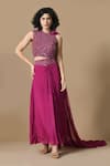 Samyukta Singhania_Wine Dola Silk Embroidery Sequin And Crystal Bead Jaal Blouse With Draped Skirt _Online_at_Aza_Fashions