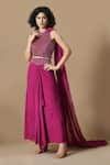 Buy_Samyukta Singhania_Wine Dola Silk Embroidery Sequin And Crystal Bead Jaal Blouse With Draped Skirt _Online_at_Aza_Fashions