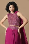 Shop_Samyukta Singhania_Wine Dola Silk Embroidery Sequin And Crystal Bead Jaal Blouse With Draped Skirt _Online_at_Aza_Fashions