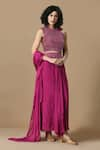 Samyukta Singhania_Wine Dola Silk Embroidery Sequin And Crystal Bead Jaal Blouse With Draped Skirt _at_Aza_Fashions