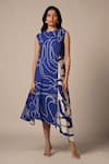 Buy_Advait_Blue Rayon Twill Print Abstract Round Neck Cora Cari Pleated High Low Dress _at_Aza_Fashions