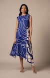 Buy_Advait_Blue Rayon Twill Print Abstract Round Neck Cora Cari Pleated High Low Dress _Online_at_Aza_Fashions