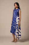 Shop_Advait_Blue Rayon Twill Print Abstract Round Neck Cora Cari Pleated High Low Dress _Online_at_Aza_Fashions