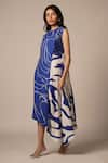 Advait_Blue Rayon Twill Print Abstract Round Neck Cora Cari Pleated High Low Dress _at_Aza_Fashions