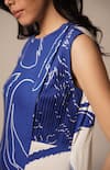 Advait_Blue Rayon Twill Print Abstract Round Neck Cora Cari Pleated High Low Dress 