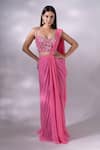 Buy_Dajwaree_Pink Organza Embroidery Beads Tulip Cutdana Pre-draped Saree With Blouse _at_Aza_Fashions